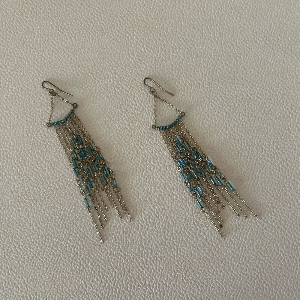 Blue Bead Silver Chain Chandelier Dangle Earrings